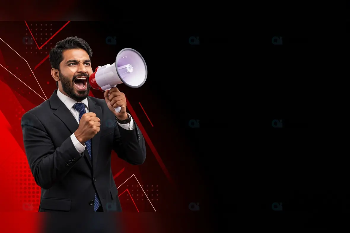 Indian Businessman Shouting Through Megaphone on Bold Red and Black Background