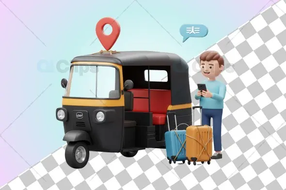 3D Auto Rickshaw with Traveler and GPS Location Pin