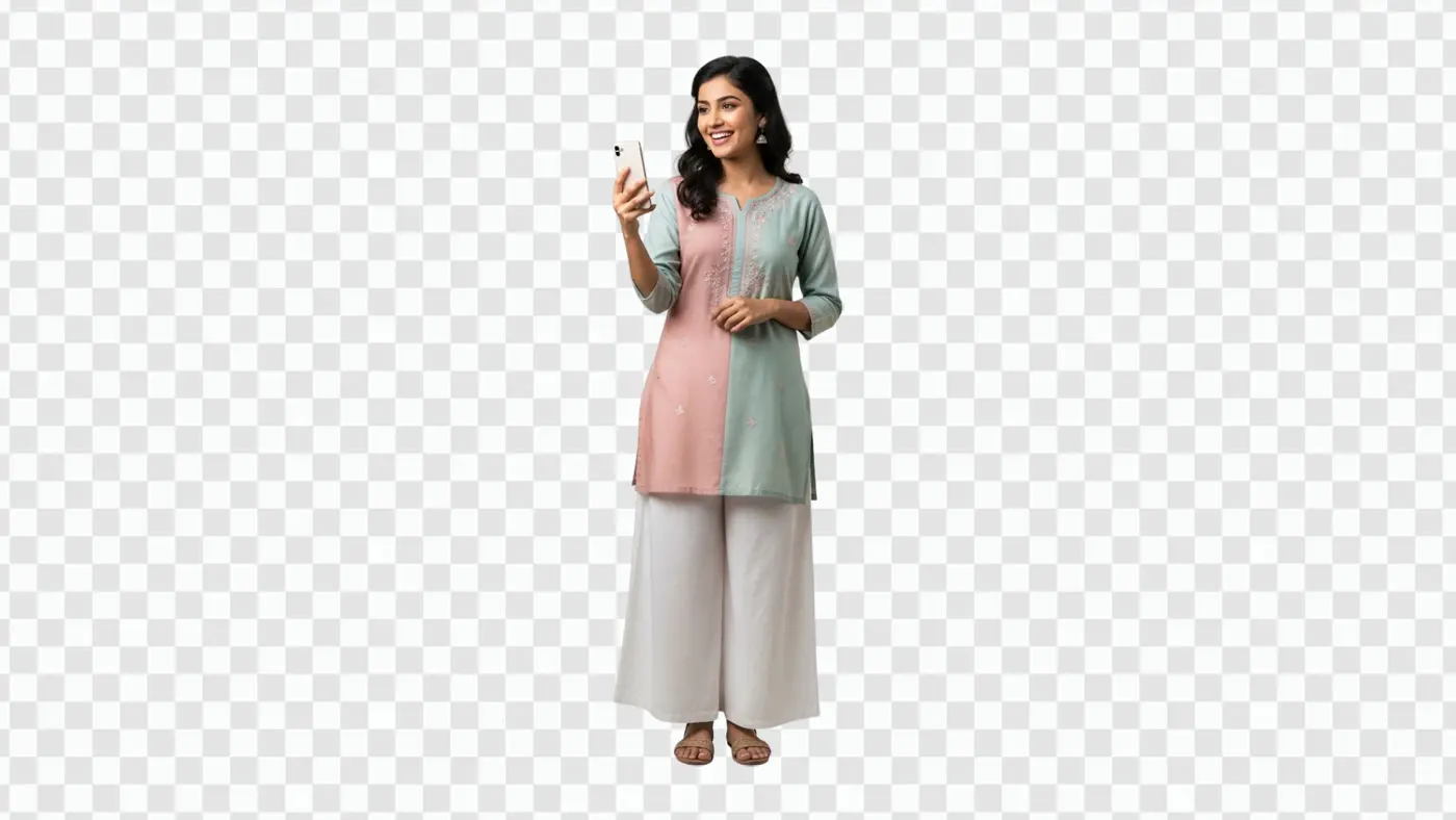 Cheerful Indian Woman on Smartphone Video Call PNG