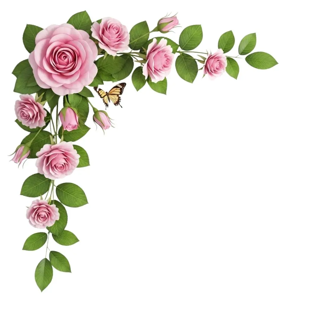 Pink Roses Floral Corner Border with Butterfly PNG Clipart