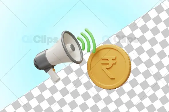 3D Megaphone Broadcasting Indian Rupee Coin Financial Concept