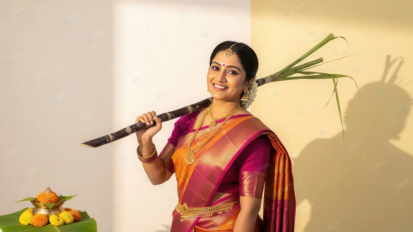 Radiant South Indian Woman with Sugarcane