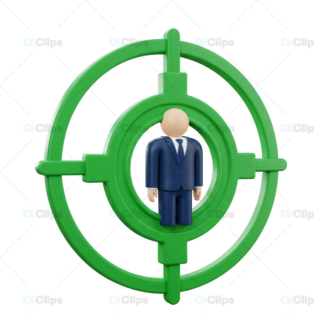 3D Business Figure in Green Target Crosshair Symbol