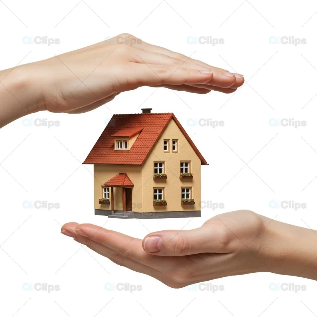 Hands Protecting Classical House Model on Transparent Background