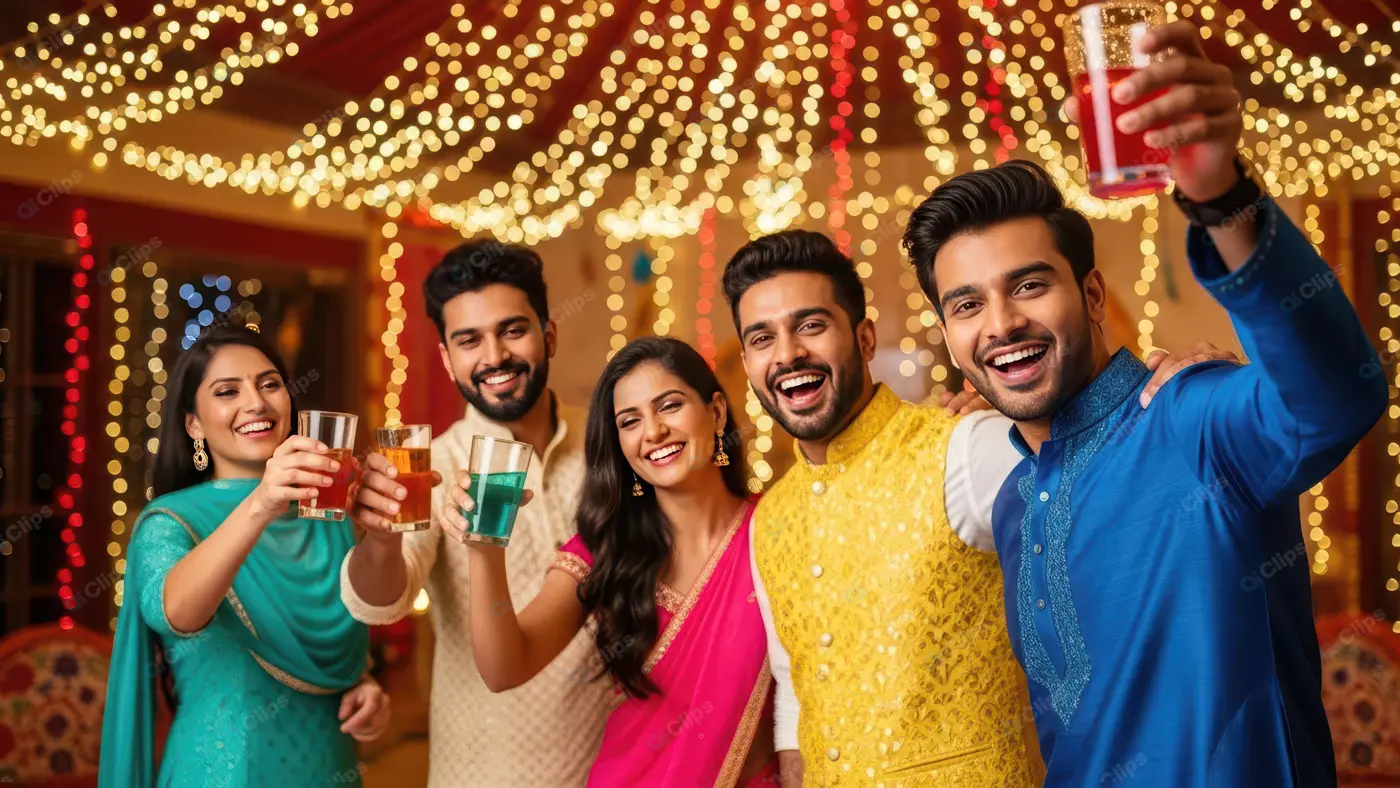 Joyful Indian Friends Toasting at a Festival