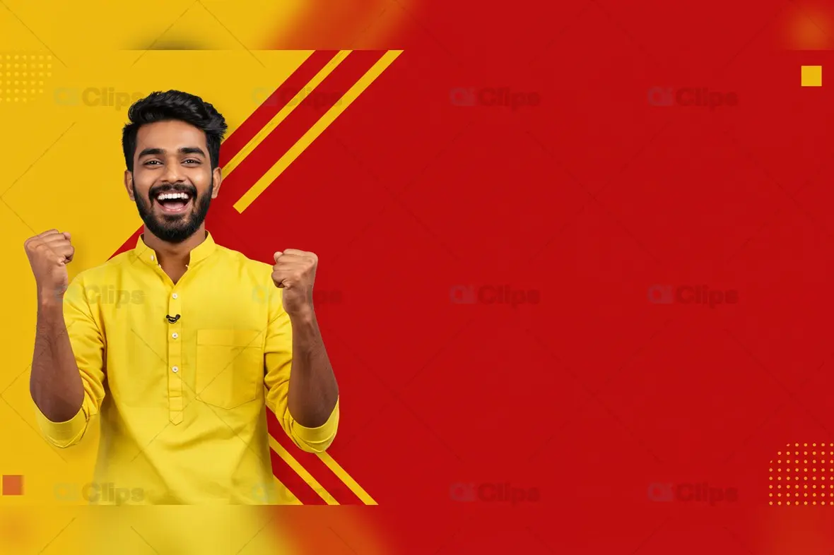 Excited Indian Man in Yellow Kurta with Red Background