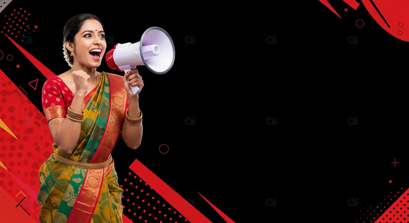 Indian Woman in Traditional Saree Shouting Through Megaphone on Red and Black Background