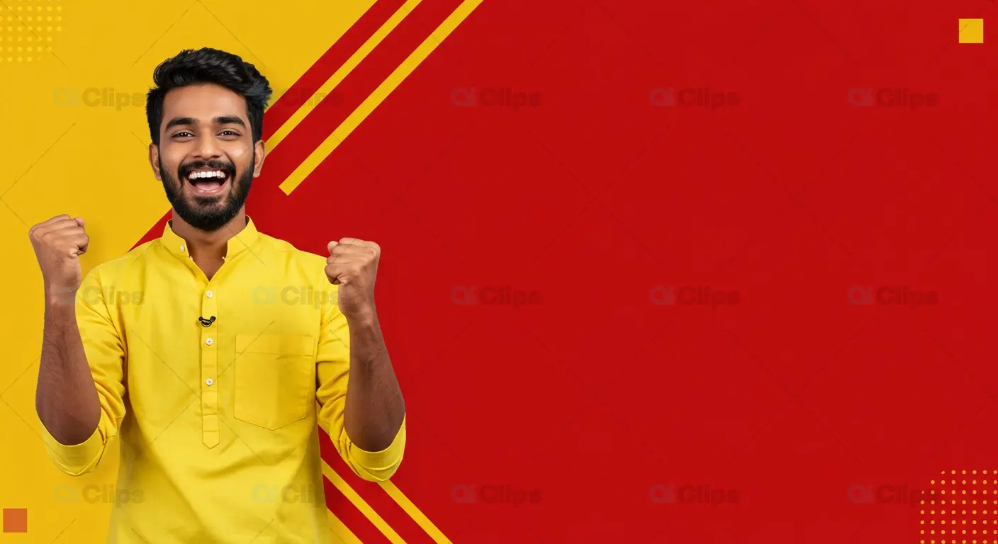 Excited Indian Man in Yellow Kurta with Red Background