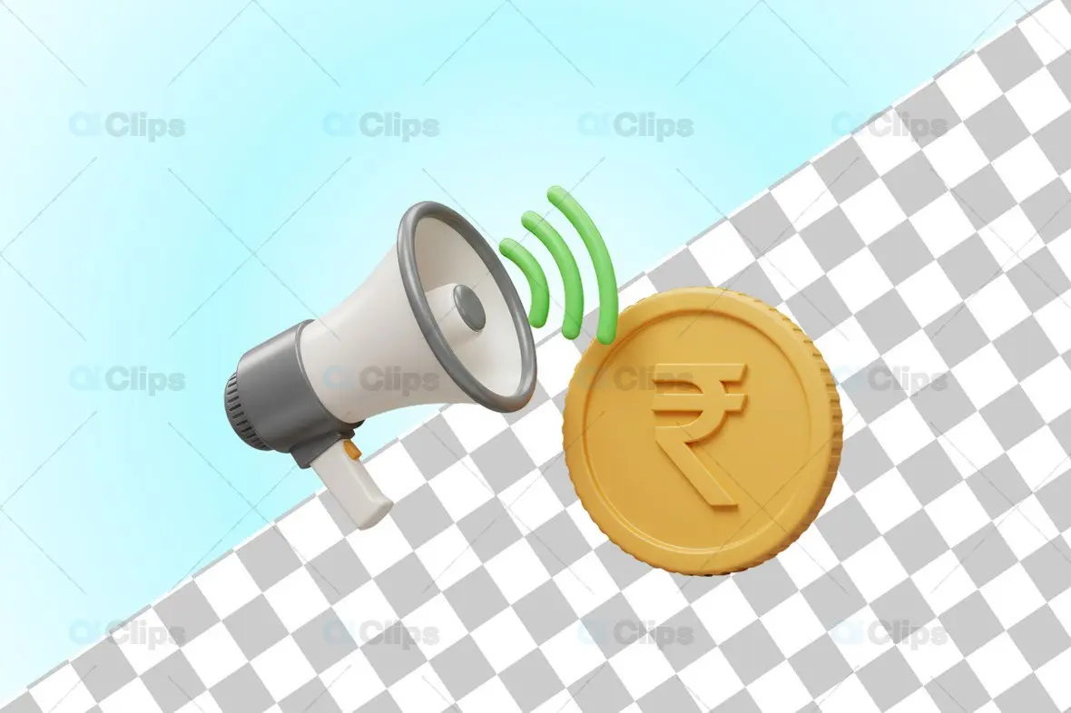 3D Megaphone Broadcasting Indian Rupee Coin Financial Concept