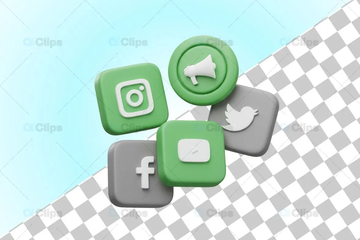 3D Social Media Icons in Green and Gray Color Scheme