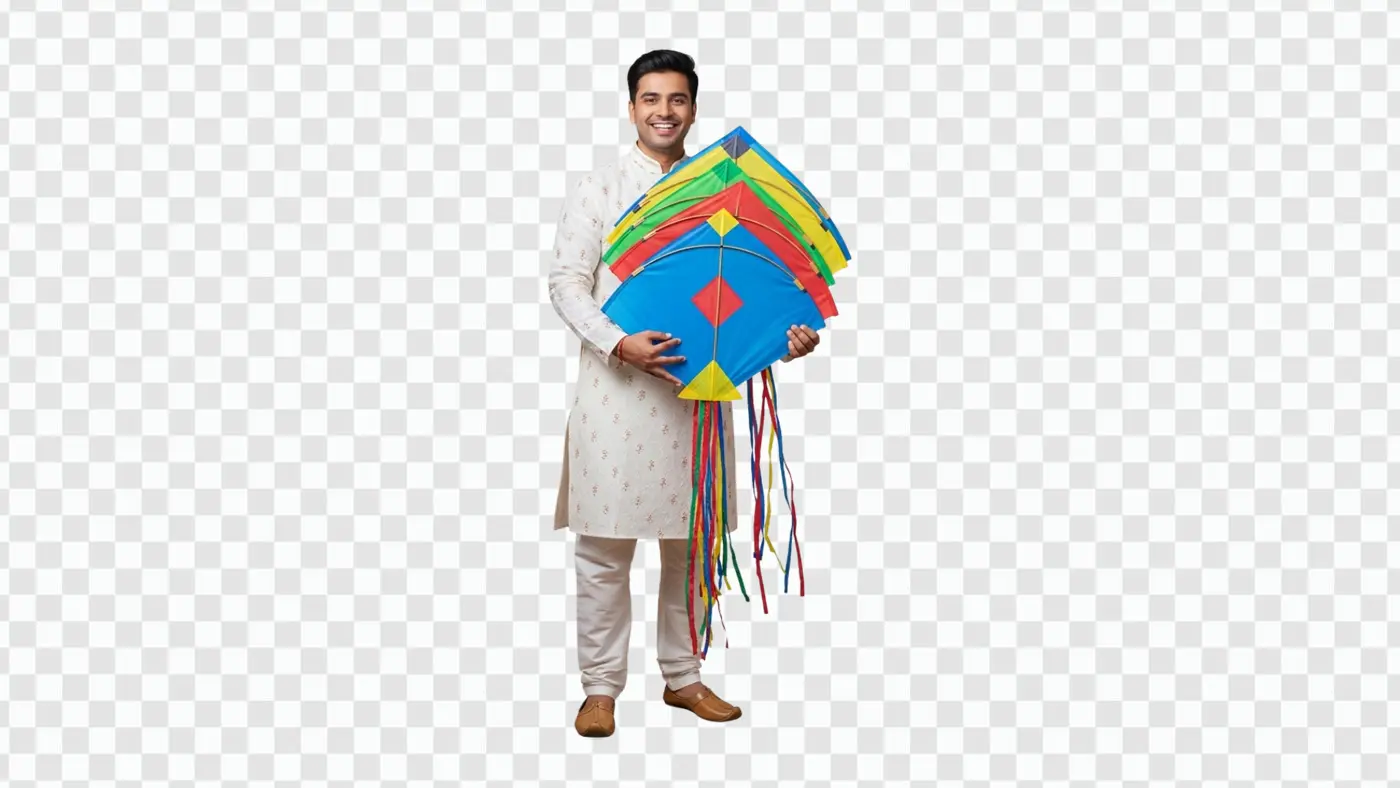Smiling Man in Kurta Holding Festive Kites PNG