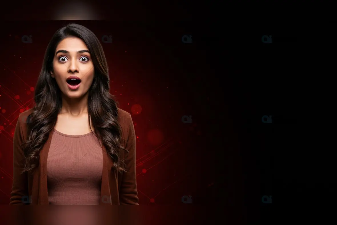 Shocked Woman on Red and Black Abstract Background