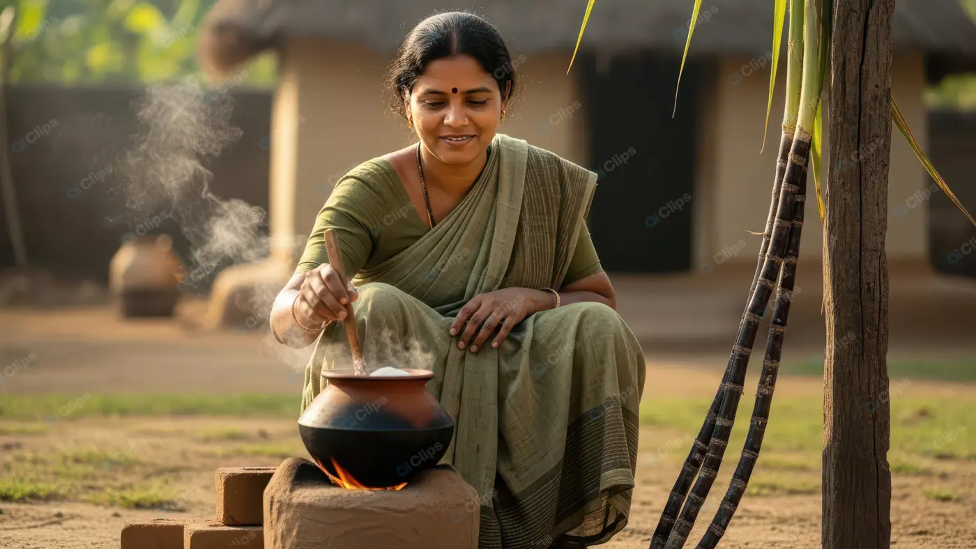 Indian Woman Cooking for Harvest Festival