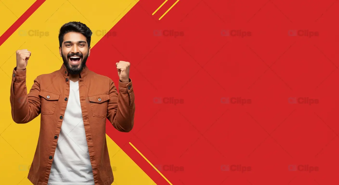 Excited Indian Man in Brown Jacket with Red and Yellow Background