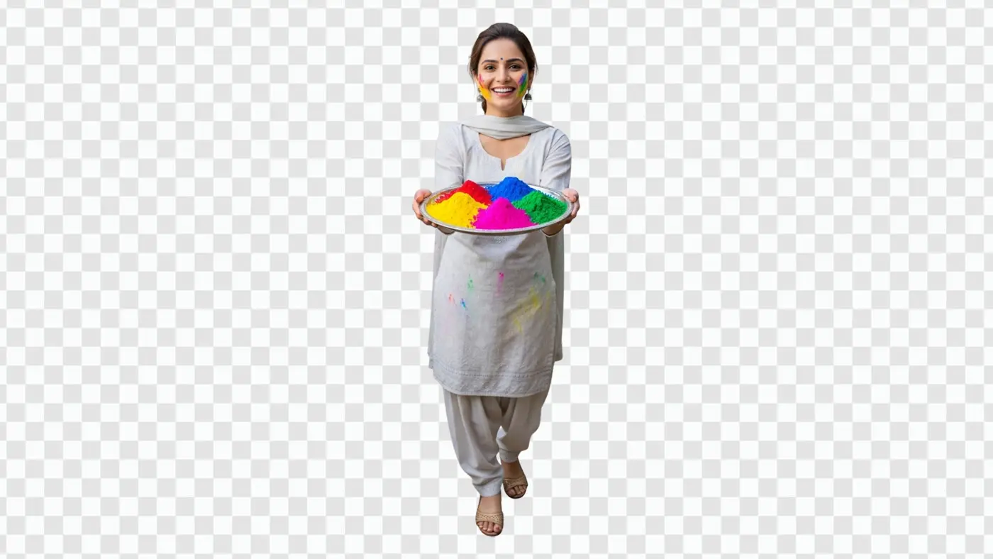 Smiling Indian Woman Holding Holi Color Plate PNG Clipart