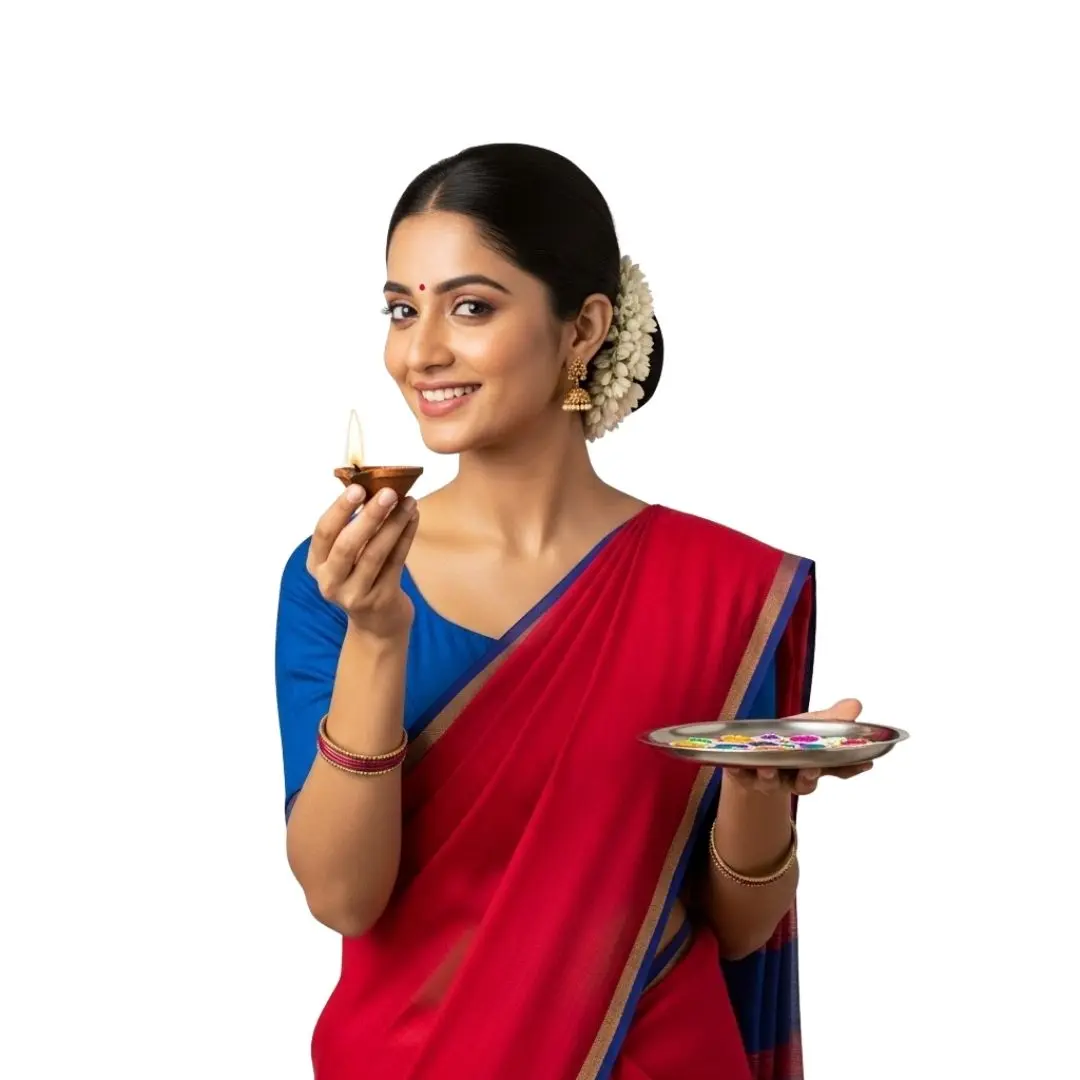 Indian Woman in Saree Holding Diya Thali PNG