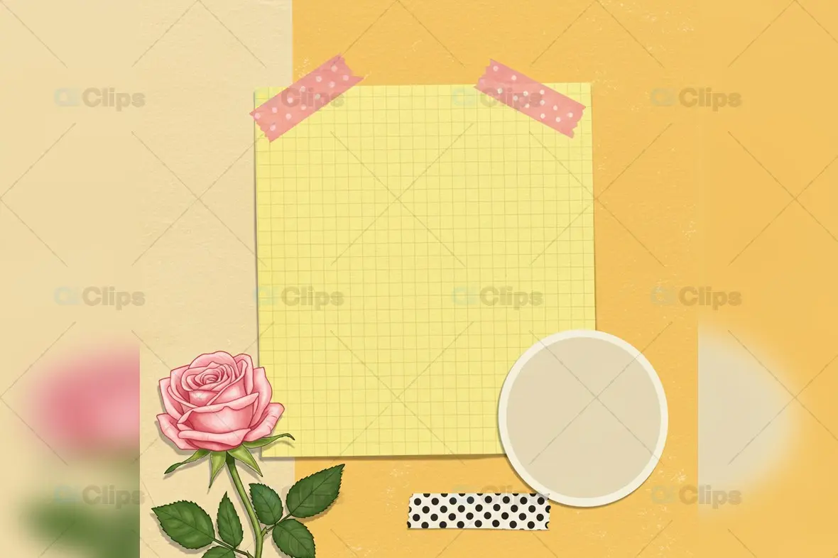Romantic Grid Note Template with Pink Rose and Polka Dots