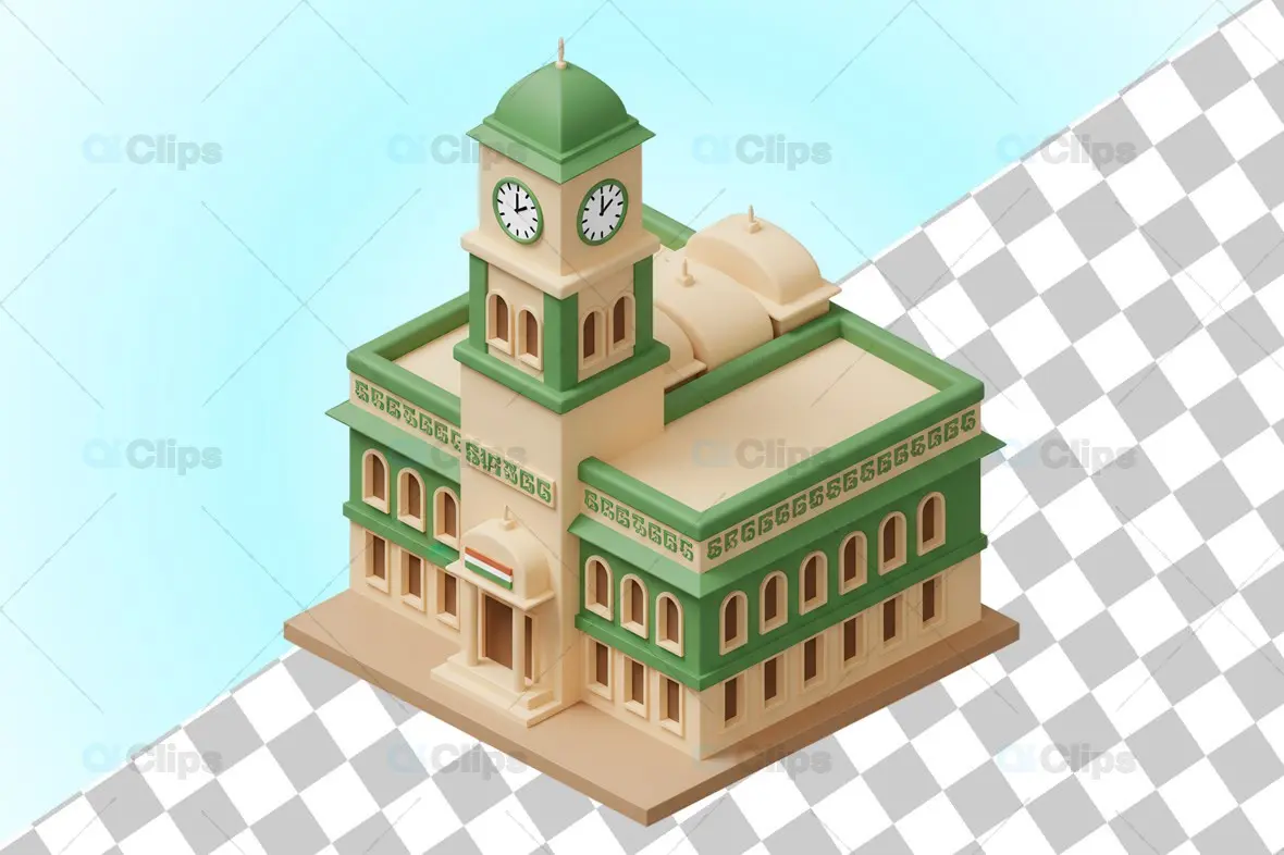 3D Isometric Colonial Heritage Building with Clock Tower