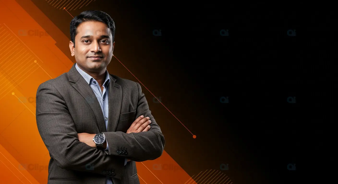 Confident Businessman on Orange and Black Professional Background