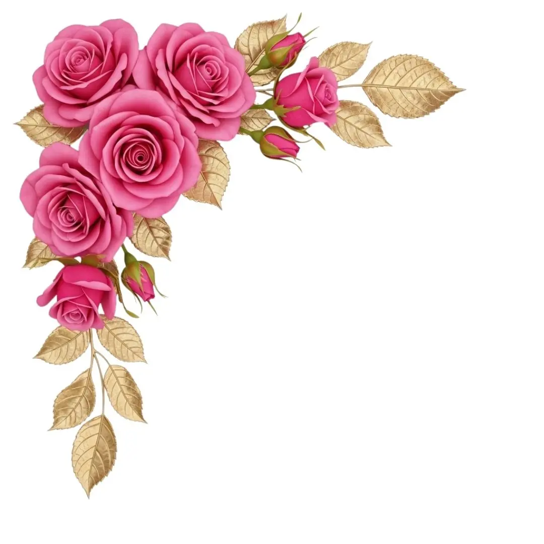 Luxurious Pink Roses with Golden Leaves Corner Clipart PNG