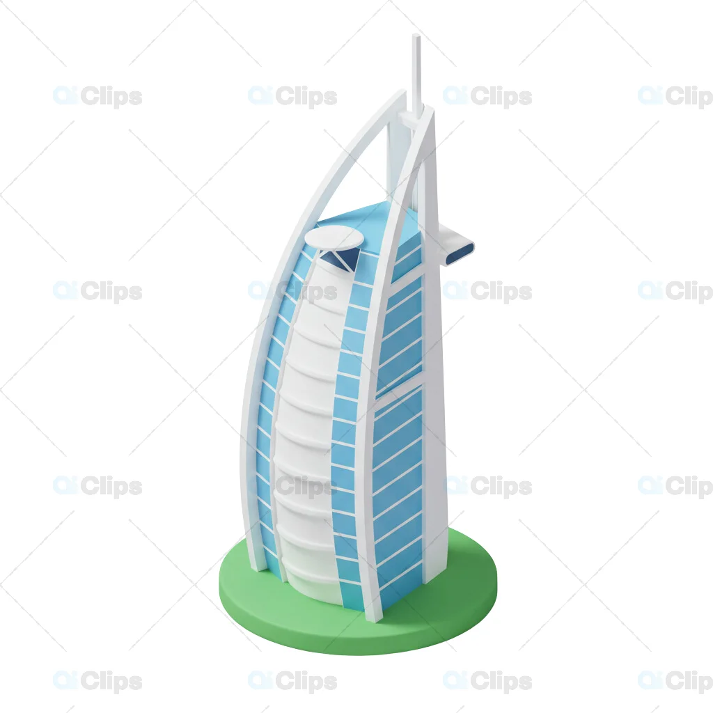 3D Burj Al Arab Hotel Miniature on Green Base