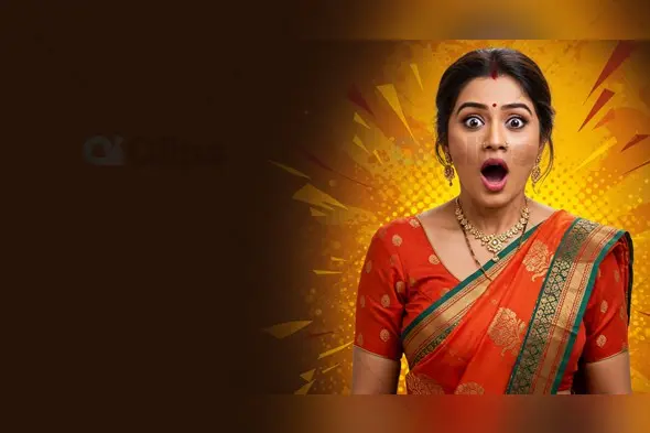 Surprised Woman in Traditional Saree Background