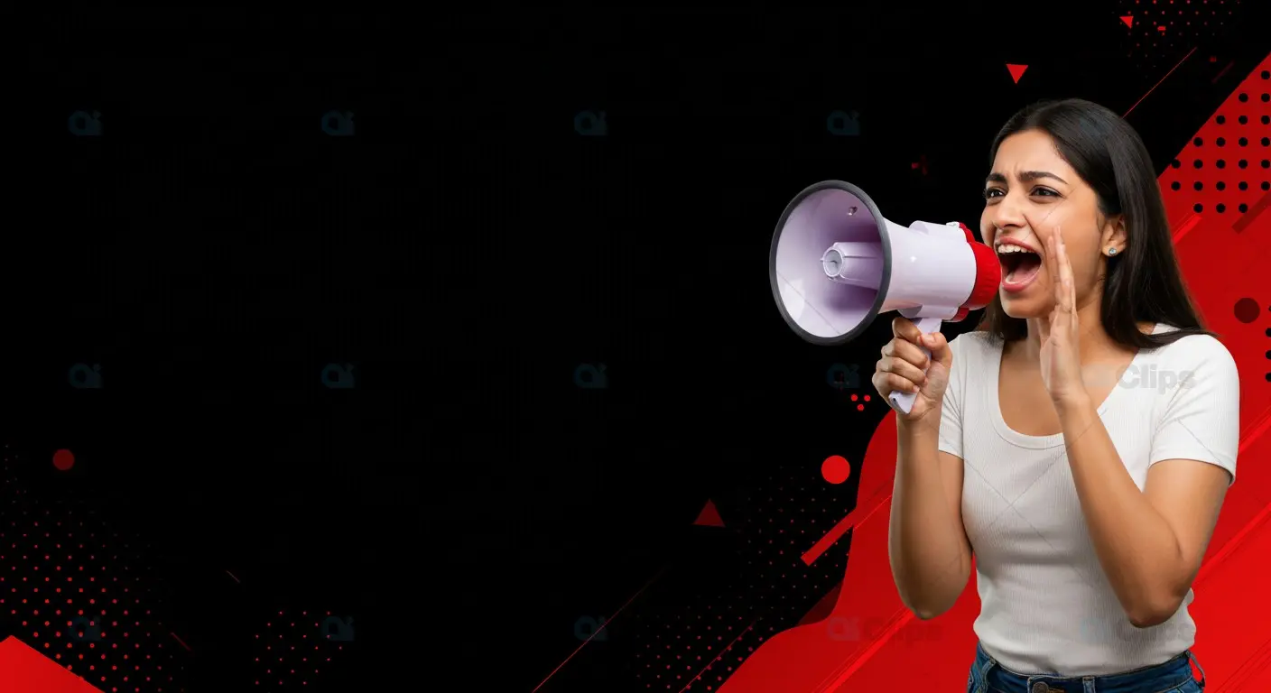 Indian Woman with Megaphone on Black and Red Graphic Background