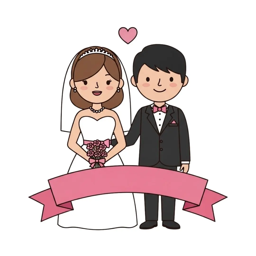 Adorable Wedding Couple with Blank Pink Ribbon Clipart