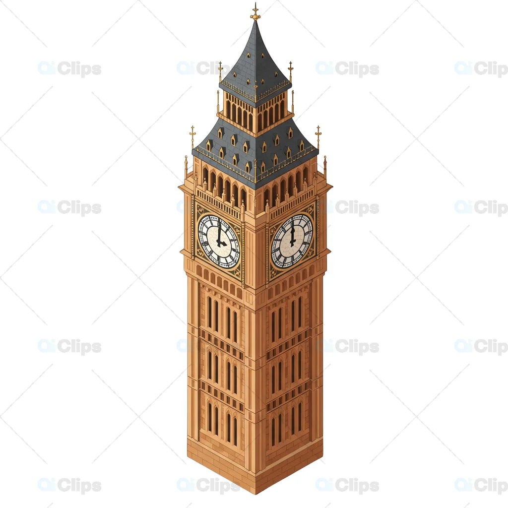 Isometric 3D Big Ben Clock Tower on Transparent Background