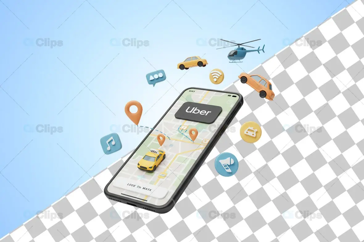 3D Uber App with Map and Transportation Elements