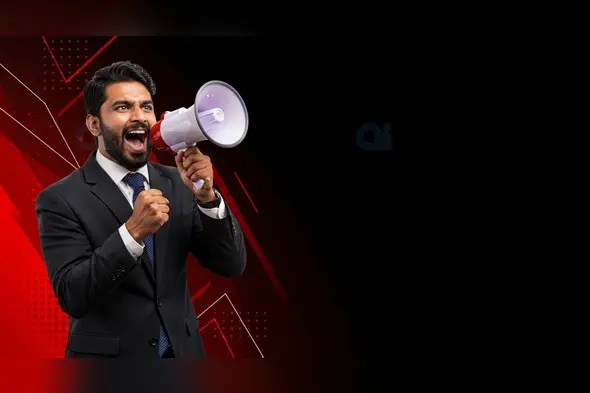 Indian Businessman Shouting Through Megaphone on Bold Red and Black Background