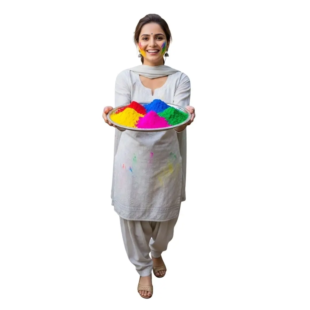 Smiling Indian Woman Holding Holi Color Plate PNG Clipart