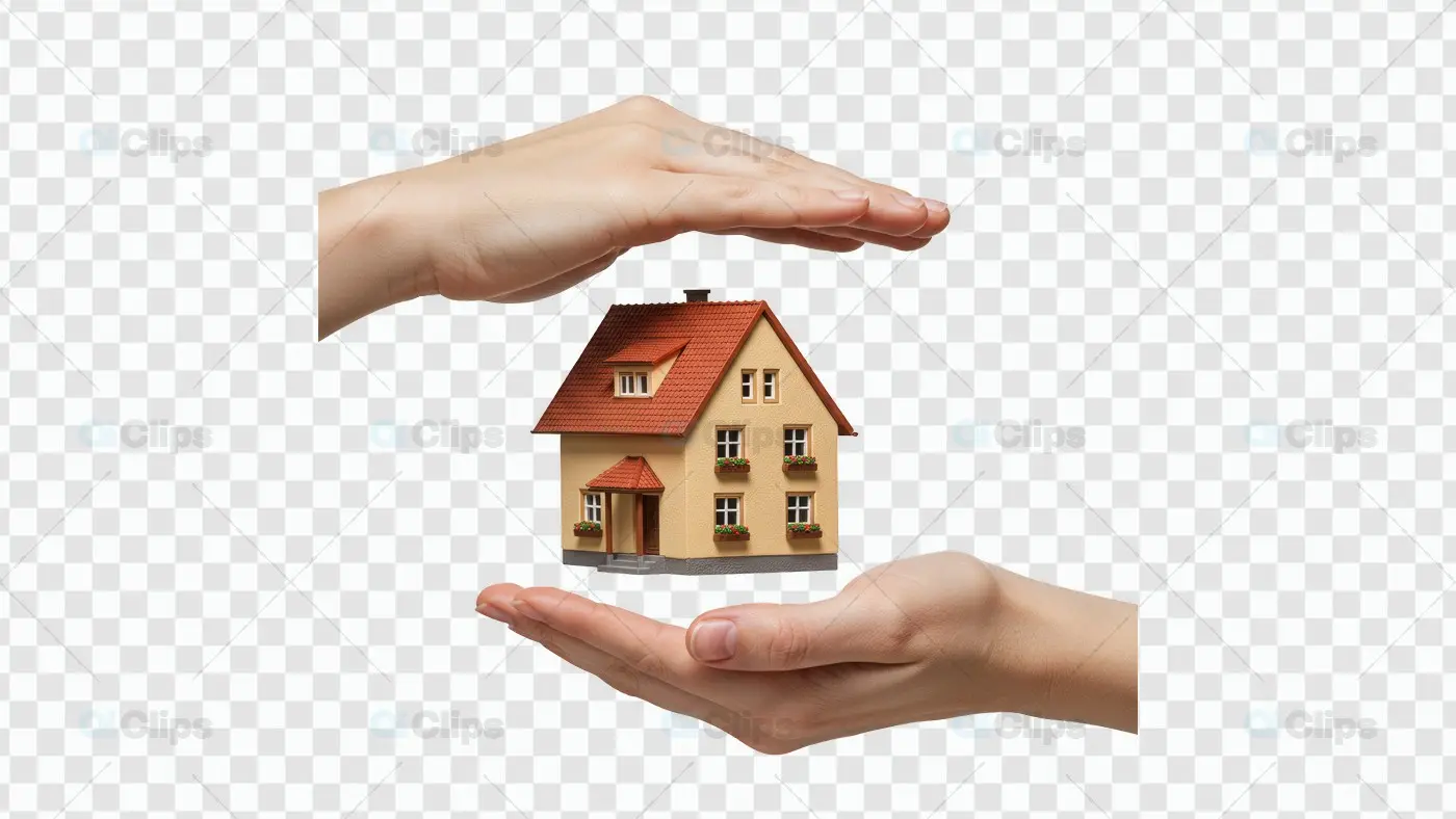 Hands Protecting Classical House Model on Transparent Background