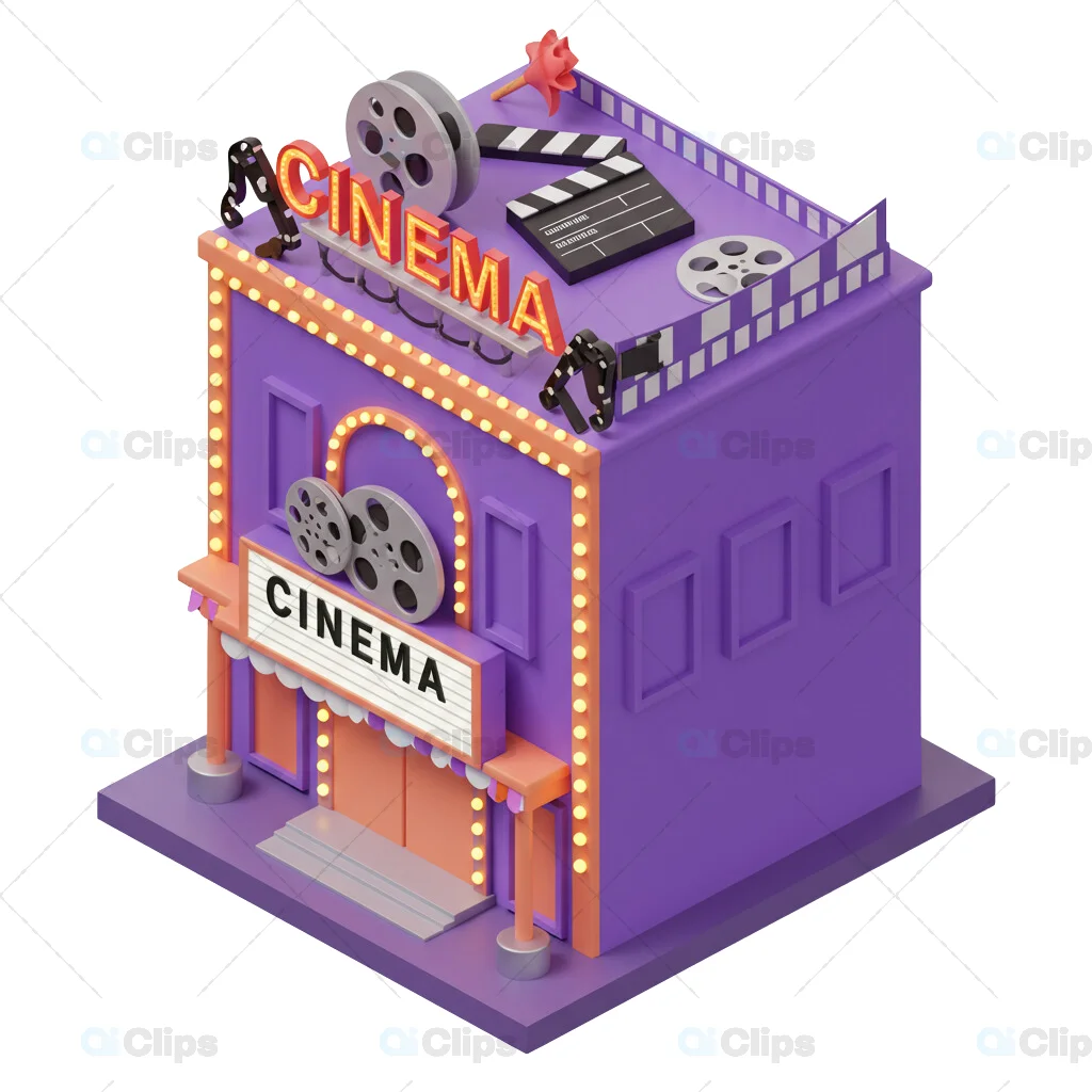 Isometric 3D Cinema Building with Movie Elements