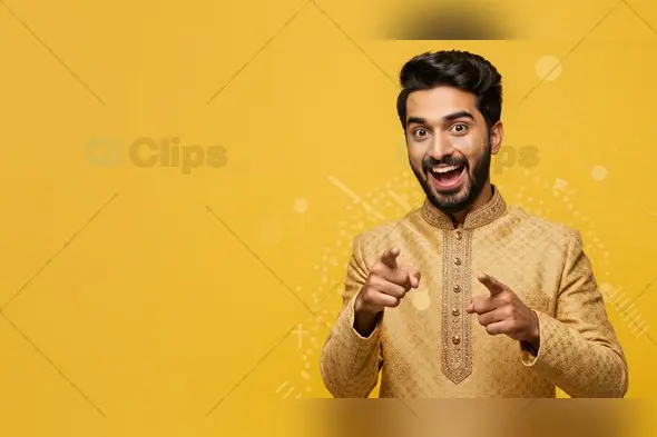 Excited Indian Man in Traditional Kurta on Yellow