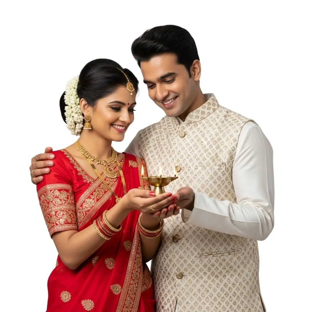 Traditional Indian Couple Holding Lit Diya for Diwali PNG