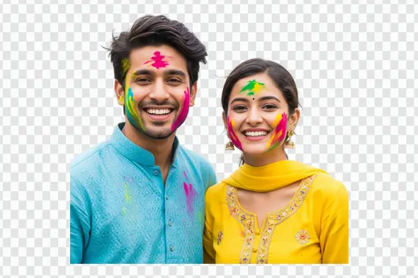 Joyful Indian Couple Celebrating Holi Festival Clipart PNG