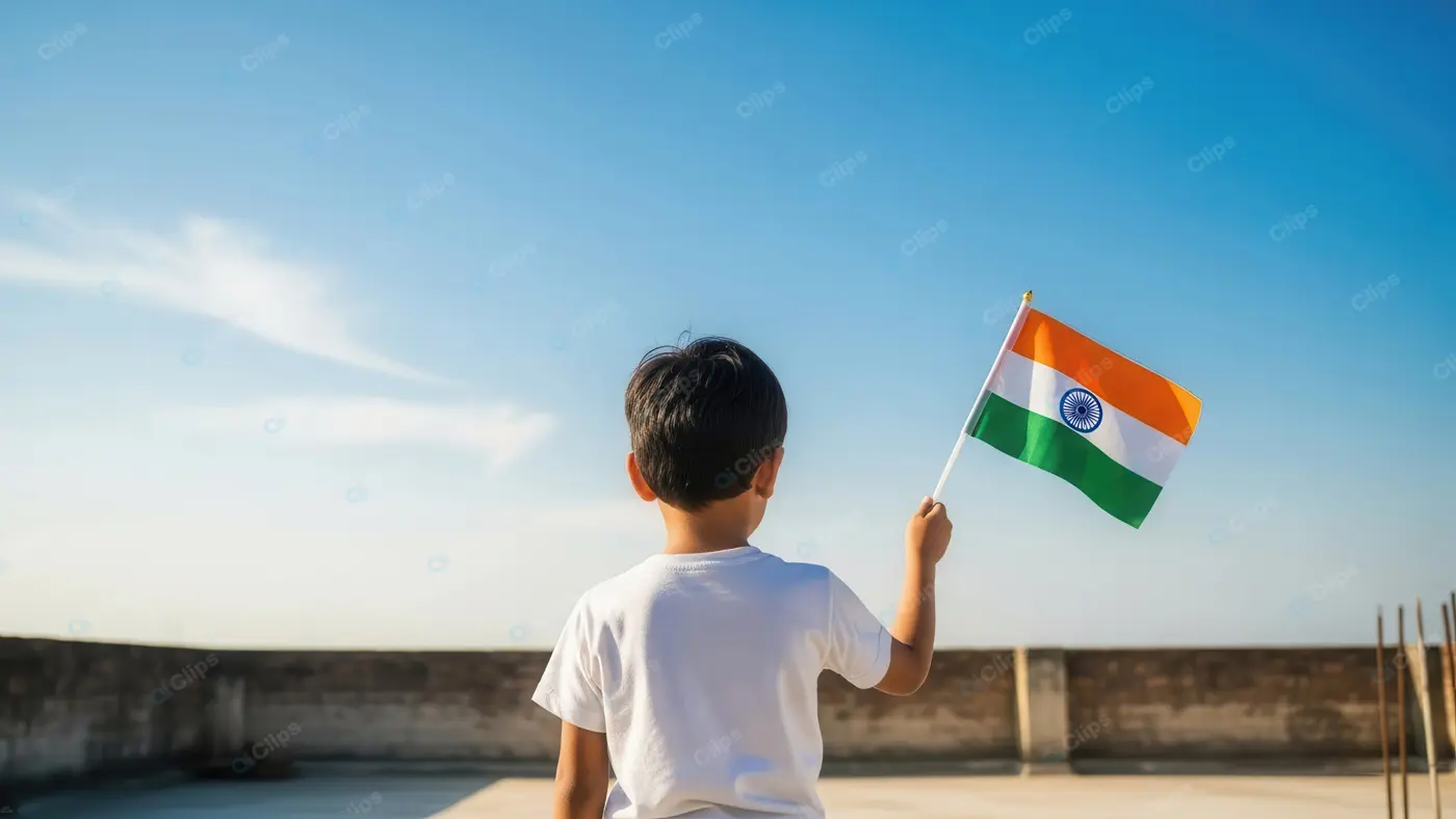 Child on Rooftop with Indian Tricolor