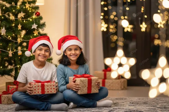 Siblings Sharing Christmas Joy
