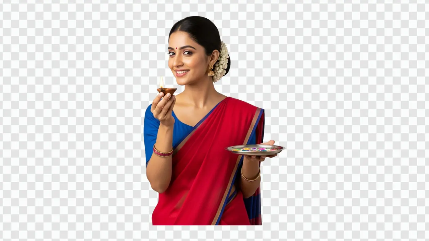 Indian Woman in Saree Holding Diya Thali PNG