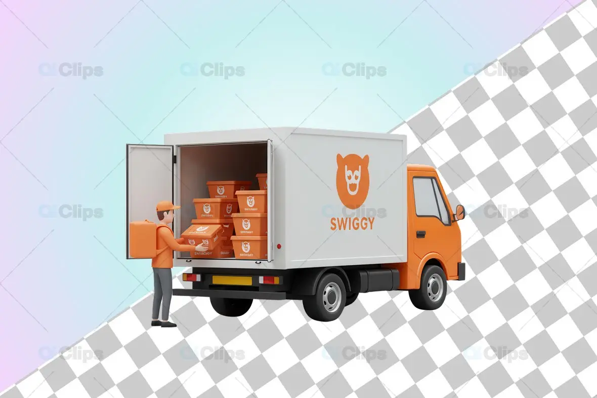 Swiggy-Themed Delivery Truck 3D Illustration