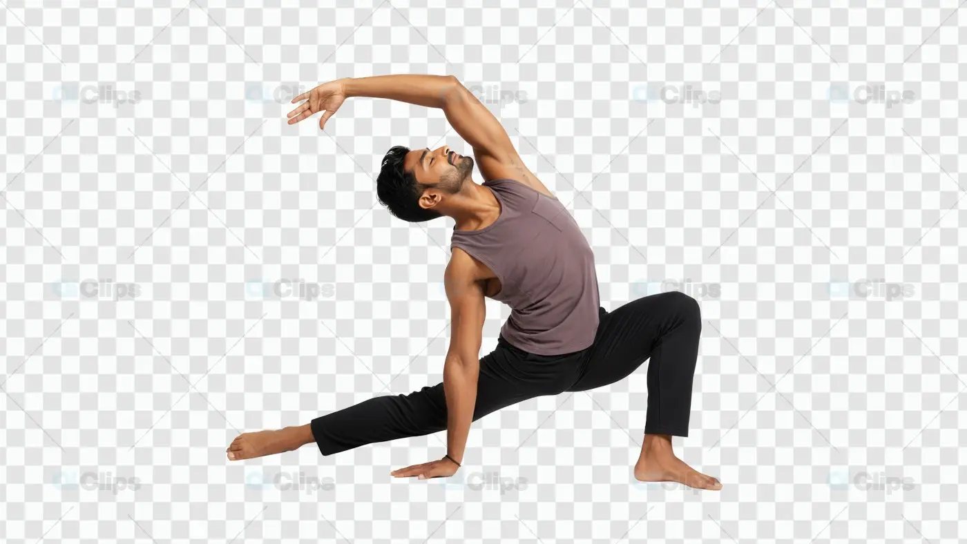 Male Yoga Practitioner in Side Bend Lunge Pose on Transparent Background