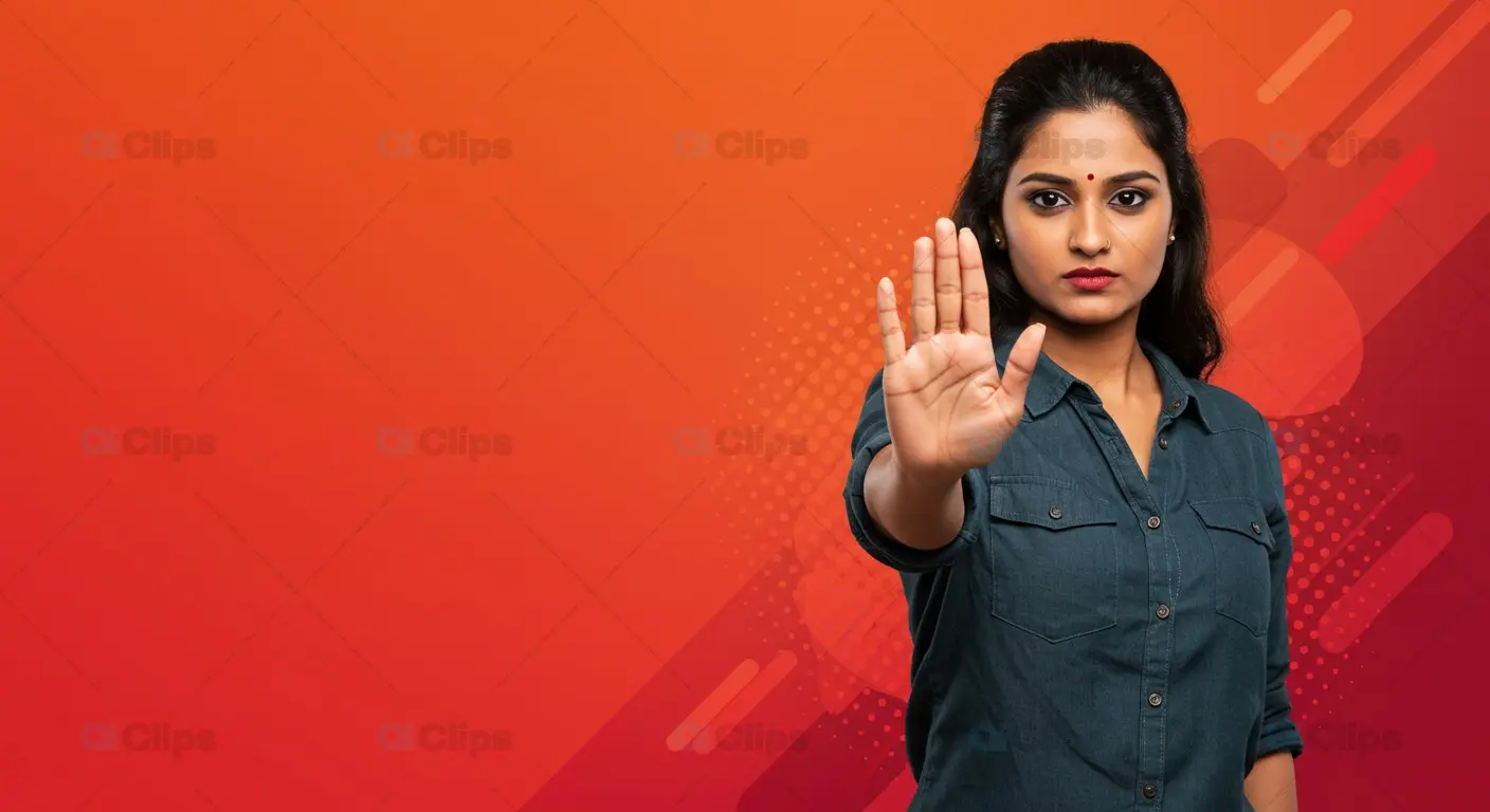 Indian Woman in Stop Gesture on Red-Orange Gradient Background