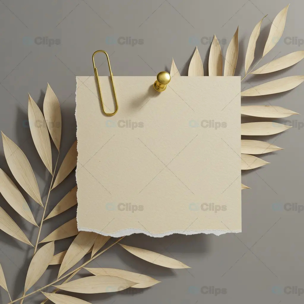 Minimalist Note Card with Golden Pin and Dried Palm Leaves