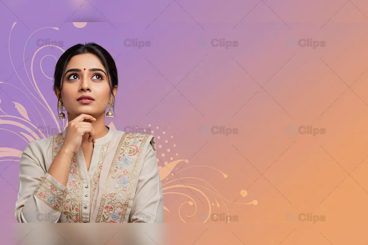 Indian Woman in Thoughtful Pose on Pastel Gradient Floral Background