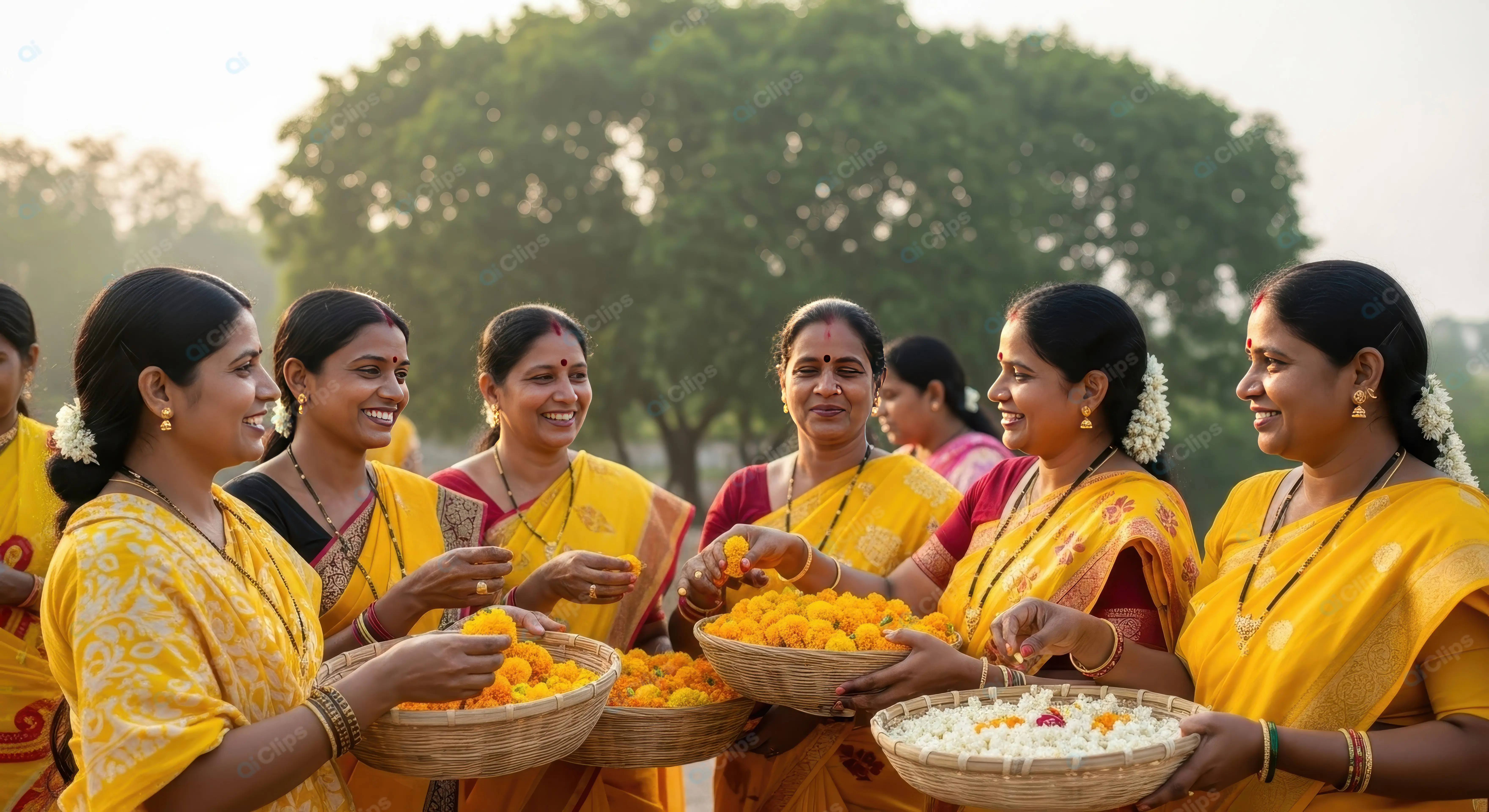 Indian Women with Festive Marigold Baskets