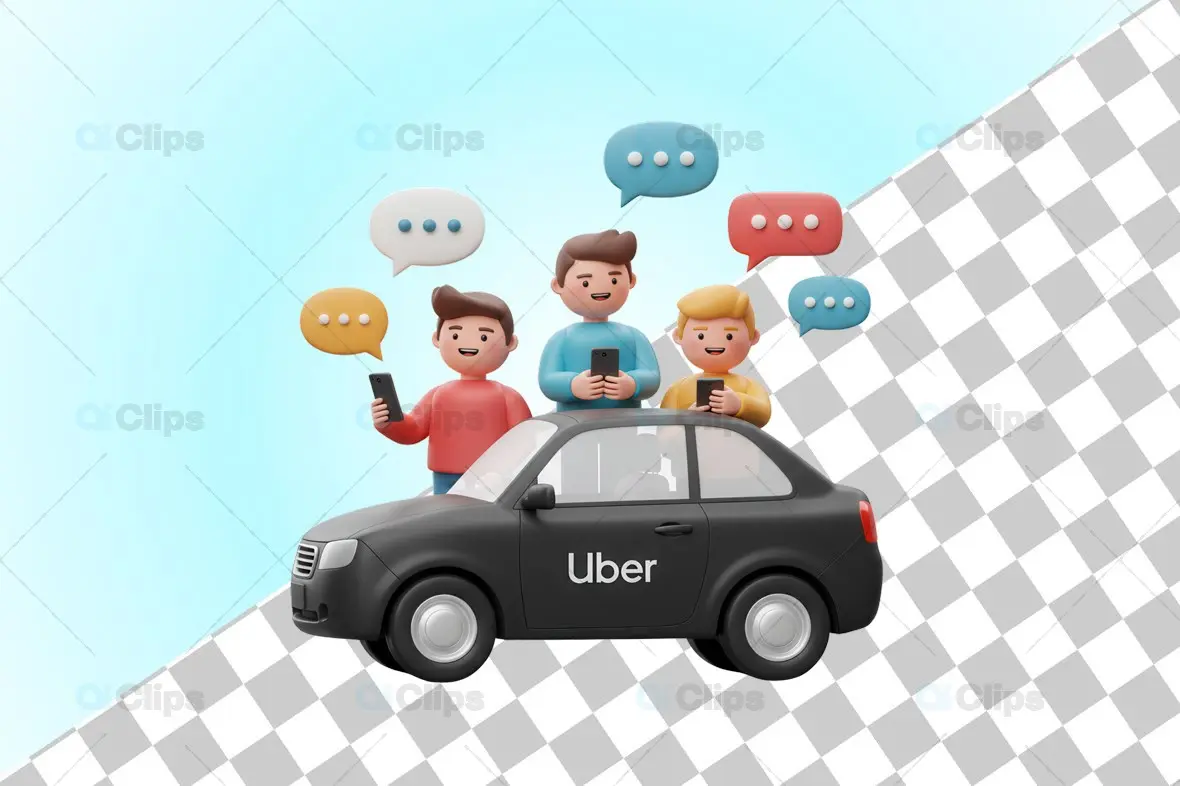 3D Uber Carpooling Illustration with Passengers and Chat Bubbles
