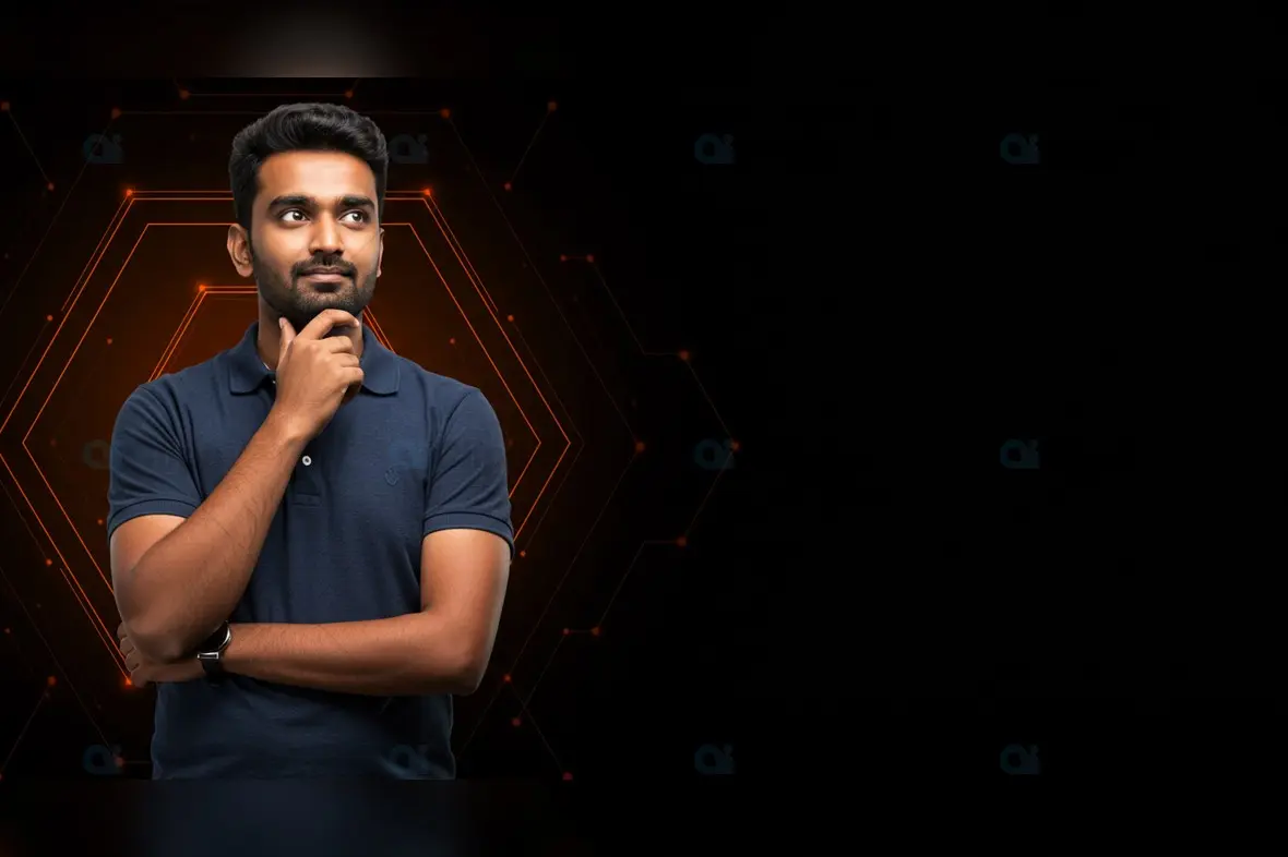 Indian Man in Thoughtful Pose on Black and Orange Tech Background