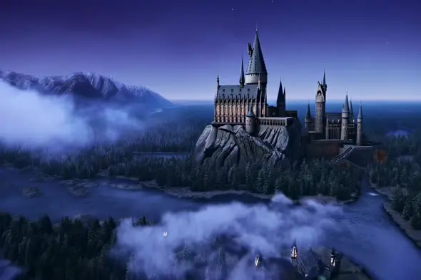 Majestic Castle on Cliff in Misty Twilight Landscape