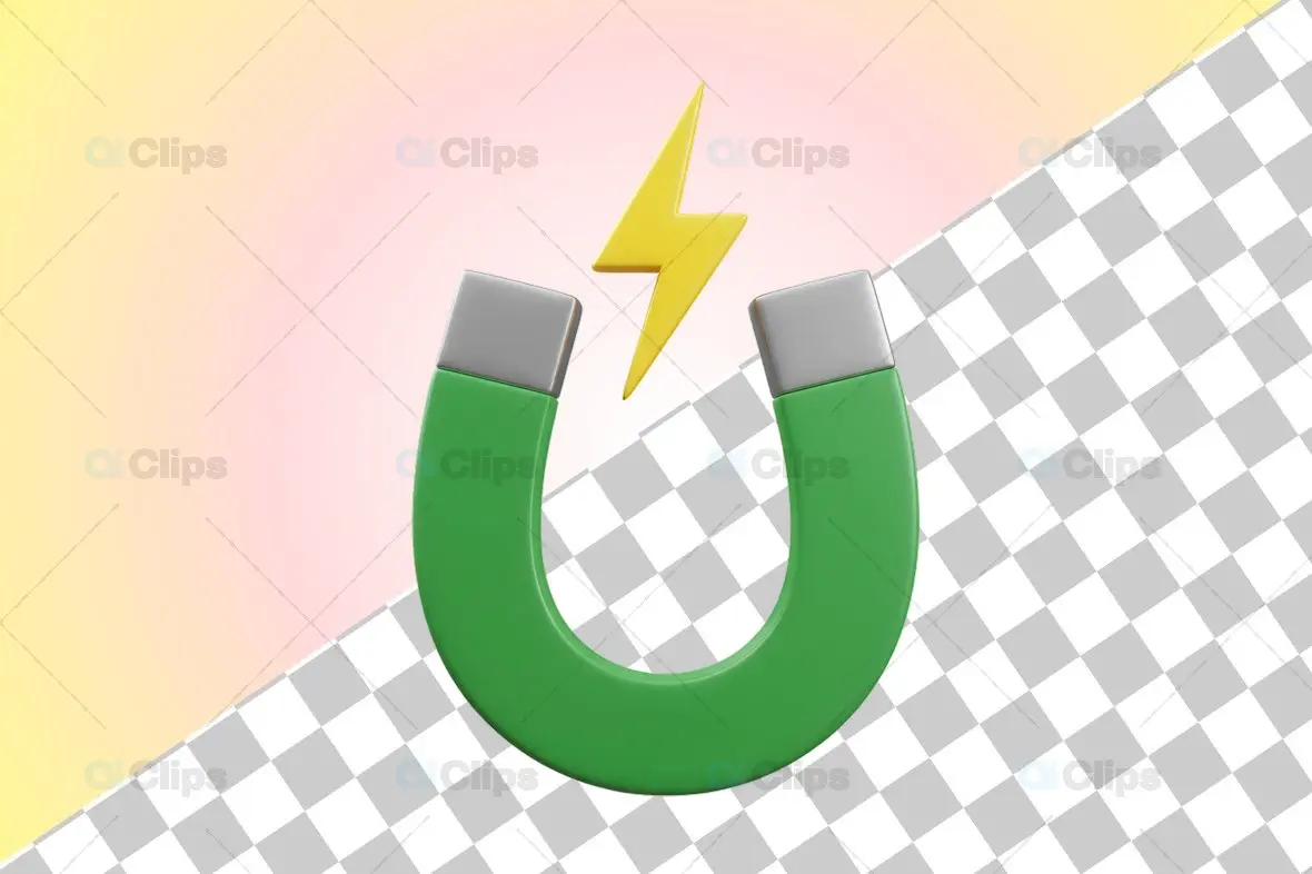 Green Magnet with Yellow Lightning Bolt 3D Illustration
